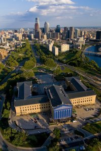 Aerial View of the Art Museum, Ben Franklin Parkway and the cityscape